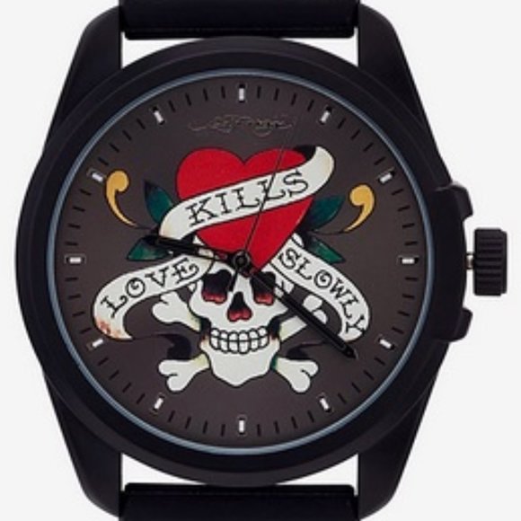 ED HARDY GOTH MATTE BLACK SKULL LOVE KILLS SLOWLY MEN'S SILICONE STRAP WATCH~NEW - Picture 5 of 7